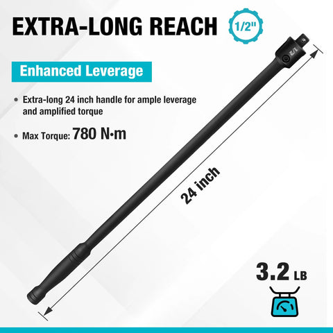 Rugged 24 Inch Breaker Bar Featuring 240 Degree Flex Head And Half Inch Square Drive with extra-long reach and max torque.