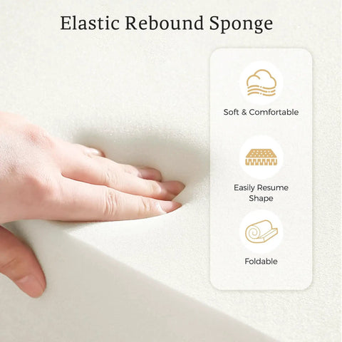 Person pressing Elastic Rebound Sponge demonstrating its softness and resilience; features include soft, comfortable, foldable attributes.