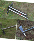Lightweight Stainless Steel Dual Use Garden Hoe And Pickaxe With Comfortable Grip shown on grass for weeding and digging.