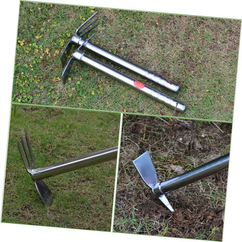 Lightweight Stainless Steel Dual Use Garden Hoe And Pickaxe With Comfortable Grip shown on grass for weeding and digging.