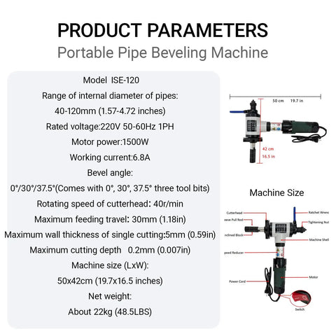Heavy Duty Electric Pipe Beveling Machine Handheld Internal Expanding Tube Prep Tool With Knockout Power For 40 To 120 Mm ID specifications display.