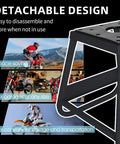 Detachable Dirt Bike Stand And Motorcycle Lift Panel, black heavy-duty stand with anti-slip surface, shown in use with dirt bikes.