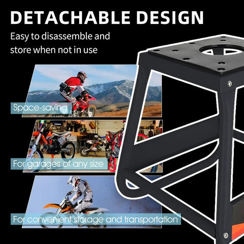 Detachable Dirt Bike Stand And Motorcycle Lift Panel, black heavy-duty stand with anti-slip surface, shown in use with dirt bikes.
