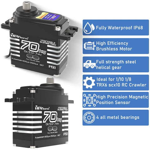 70Kg Digital Brushless RC Servo 8.4V 180 Degree Waterproof IP68 with steel helical gear and 25T arm, shown in close-up view.