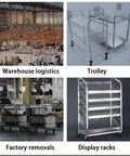Rugged Heavy Duty Swivel Casters With M12 Threaded Studs Dead Silent Pu Wheels Secure Locking Brakes Built To Roll Easy Under Hefty Furniture And Equipment Carts In A 4 Pack mounted on a trolley surrounded by warehouse logistics.