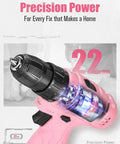Close-up of Pink 12V Cordless Drill And Driver Set With 21 Bits For Women, showcasing gear mechanism and torque settings.