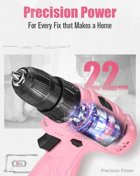Close-up of Pink 12V Cordless Drill And Driver Set With 21 Bits For Women, showcasing gear mechanism and torque settings.