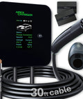 Fast Hardwired Level 2 EV Charger With NACS Tesla Connector Forty Eight Amps Eleven Point Five Kilowatts Wall Mount EVSE Thirty Foot Cable Garage Pro Home Charging Station LED Live Status Display Five Year Coverage, showing charger unit, cable, and connectors.