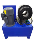 Built Tough Electric Hose Crimper Machine For High Pressure Hydraulic Lines With Forge Steel Head And Ten Precision Dies 220v 4kw close-up view of motor and crimping head.