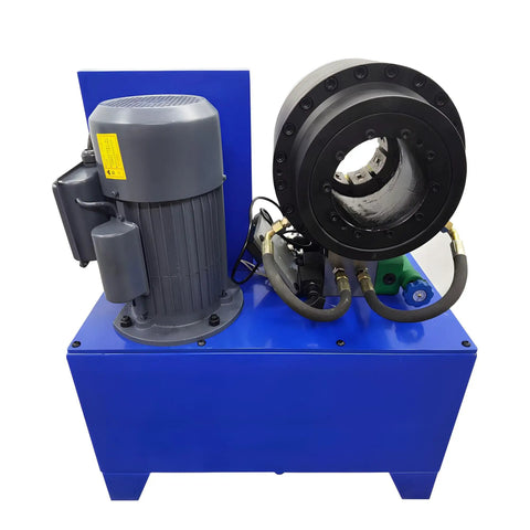 Built Tough Electric Hose Crimper Machine For High Pressure Hydraulic Lines With Forge Steel Head And Ten Precision Dies 220v 4kw close-up view of motor and crimping head.