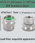 Heavy Duty 304 Stainless Steel Female to Female Garden Hose Adapter 3/4 GHT to 1/2 NPT Fitting Quick Swivel Connector Double Hose Fitting Green Thumb Style Leak Free Easy Install, 2-pack