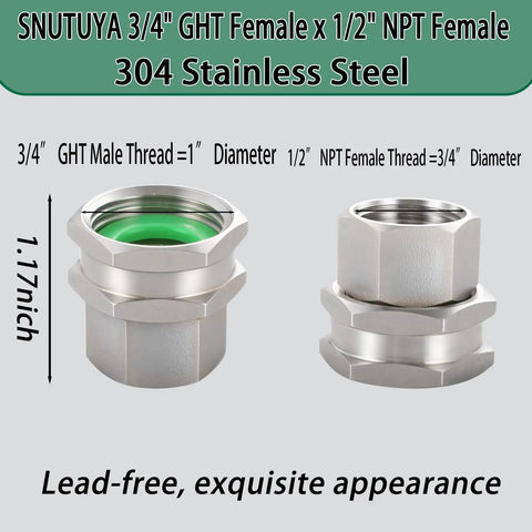 Heavy Duty 304 Stainless Steel Female to Female Garden Hose Adapter 3/4 GHT to 1/2 NPT Fitting Quick Swivel Connector Double Hose Fitting Green Thumb Style Leak Free Easy Install, 2-pack
