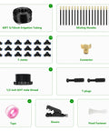 Components of the All In One 60 Foot Drip Irrigation System With Solid Brass Connectors And Bendable 360 Degree Tubing Includes 16 Adjustable Nozzles For Garden Greenhouse Lawn Yard And Plants Automatic Watering Kit
