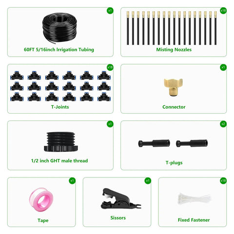 Components of the All In One 60 Foot Drip Irrigation System With Solid Brass Connectors And Bendable 360 Degree Tubing Includes 16 Adjustable Nozzles For Garden Greenhouse Lawn Yard And Plants Automatic Watering Kit