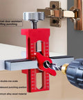 Go-To 2-In-1 Cabinet Door Installation Jig With Adjustable Positioner, aluminum tool with scale, showing drill bit setup in red finish