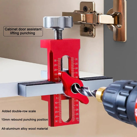 Go-To 2-In-1 Cabinet Door Installation Jig With Adjustable Positioner, aluminum tool with scale, showing drill bit setup in red finish