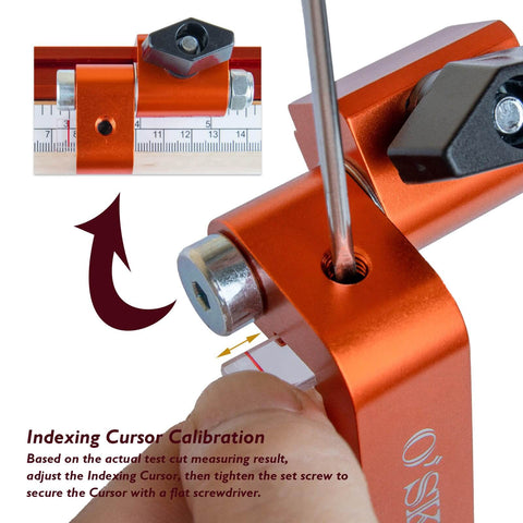 Close-up of indexing cursor on 3 Inch T Track Fence Flip Stop Repeater with ruler, showing fine adjustments in woodworking jigs.
