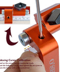 Close-up of Two And A Quarter Inch T Track Flip Stop with Pro Grade Adjustable Fence Repeater and Indexing Cursor for precise repeats.