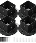 Heavy Duty 2X2 Square Post Floor Mount Brackets 4 Pack Black Coated Steel Deck Railing Bases Wide Flange setup with screws and anchors.