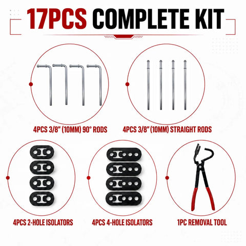 Ultimate 17-Piece Heavy Duty Exhaust Hangers Kit With Specialty Removal Tool For Effortless Undercarriage Repair And Fast DIY Car Fixes Today, 3/8 in rods