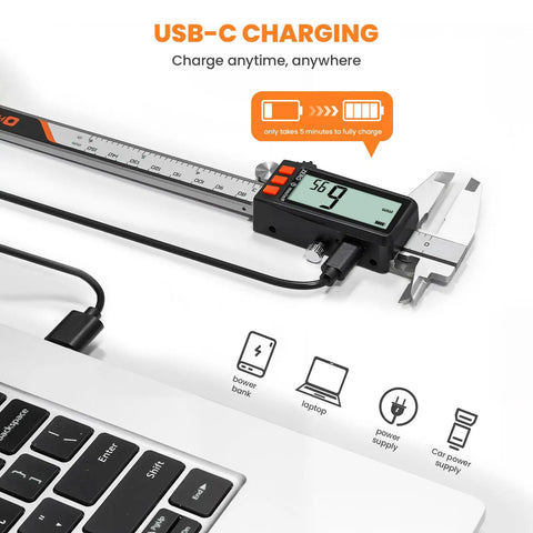 Rechargeable Digital Caliper With Power Display And USB C Charging 6 Inch Caliper With Large LCD Screen MM In Conversion Ideal For Jewelers Woodworkers And DIY Projects connected to a laptop via USB-C.