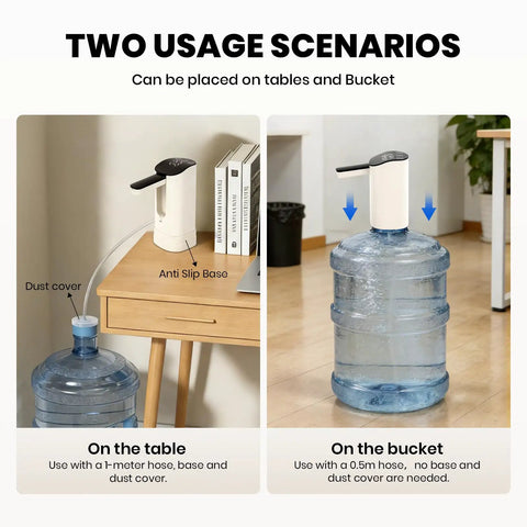 Water Dispenser For 5 Gallon Bottle With Digital Display And Dual Pumps USB Rechargeable Electric Water Pump on table and bucket