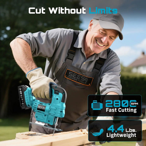 Man using Cordless Jigsaw With Dual 21V 2Ah Batteries And Charger, Workhorse For Wood Projects, Bevel Up To 45 Degrees
