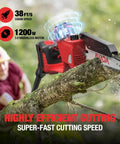 Close-up of a 2-In-1 Cordless Pole Saw And Chainsaw cutting a tree branch, featuring 8-Inch and 6-Inch Heads, 18V M18 Compatible.