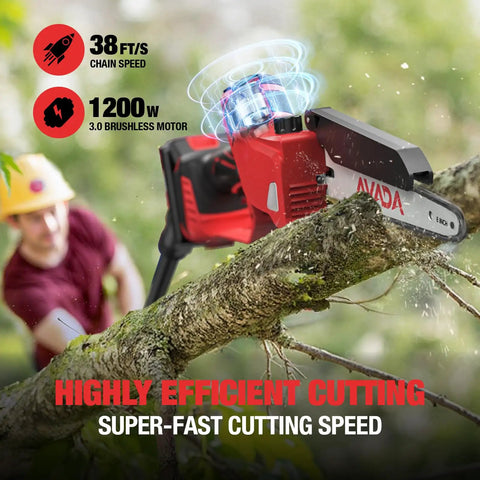 Close-up of a 2-In-1 Cordless Pole Saw And Chainsaw cutting a tree branch, featuring 8-Inch and 6-Inch Heads, 18V M18 Compatible.