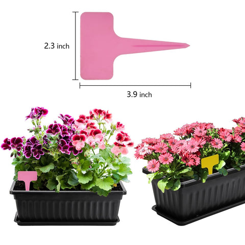 7 Pack 17 Inch Window Box Planters With Trays For Veggies And Flowers In Plastic Growing Containers, two with pink flowers and plant labels shown.