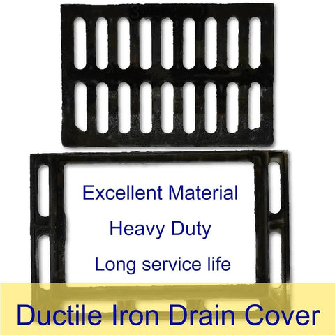 Beefy Cast Iron Drain Grate And Frame 12x8 Inch For Driveway Channel Cover, showing rust-resistant ductile iron construction.