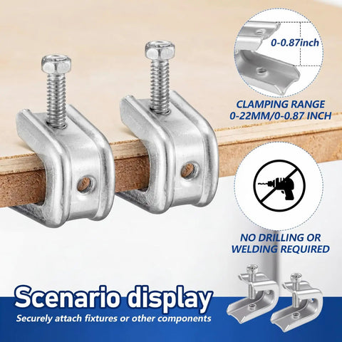 Built Tough Heavy Duty Steel Beam Clamps 100 Pack Zinc Plated C Clip Fasteners shown clamping wooden board for secure support.