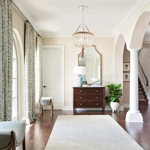 Boho Farmhouse Wood Beaded Pendant Light Fixture With Fringed White Beads 3 Light Rustic Chandelier in elegant hallway