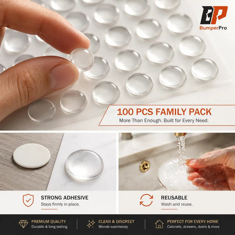 One Hundred Piece Clear Self Adhesive Cabinet Door Bumpers Three Eighth Inches Silicone Rubber Stoppers For Kitchen Drawers And Furniture To Halt Heavy Door Slams Cold Turkey on a sheet, showing adhesive pads.