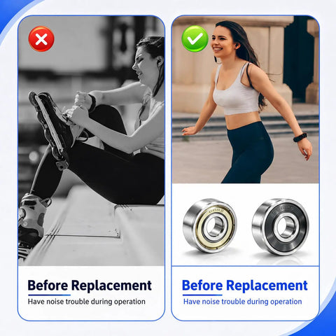 Comparison of old noisy bearings in roller skates versus upgraded with 52 Piece Miniature Deep Groove Ball Bearing Kit With 10 Size Range Includes 608ZZ 608RS R188ZZ 624ZZ 693ZZ 685ZZ 623ZZ MR105RS MR128RS MR63RS Low Friction Precision Bearings For 3D Printers Skateboards Robotics And DIY Projects
