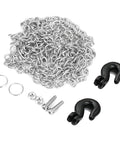 Beefy RC Trailer Tow Hook Chain Shackle Set With Rope Winch Accessory For 1/10 Scale Crawlers with two black shackles and silver chain.