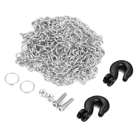 Beefy RC Trailer Tow Hook Chain Shackle Set With Rope Winch Accessory For 1/10 Scale Crawlers with two black shackles and silver chain.