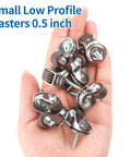"One Half Inch Small Caster Wheels Single Screw Mounting, Mini Low Profile Swivel Castors For Furniture, Kitchen Appliances, Toy Carts, Storage Boxes, Bins And DIY Projects, 8 Pack Brown held in hand showing size"