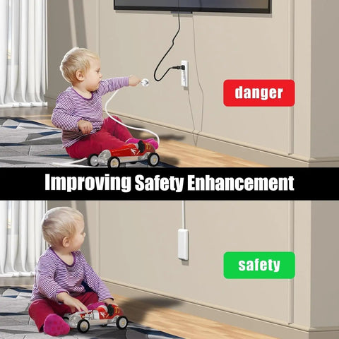 Hassle Free 3 Foot Flat Plug Extension Cord Power Strip With Three Upward Outlets Low Profile Design shown with child for safety.