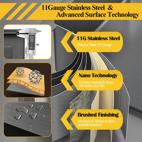 11 Gauge stainless steel with nano technology and brushed finishing features for Black Stainless Steel Kitchen Sink 20 By 16 Inch Single Bowl Drop In With Gift Set, 14 Gauge, Two Hole Design, 360 Rotatable Faucet Sprayer, Soap Dispenser, Retractable Basket Strainer, Drain Assembly, Stainless Steel Bottom Grid