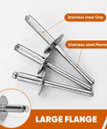 100 Piece Set 3/16X1/2 Inch Large Flange Blind Rivets Hardcore Stainless Steel Pop Fasteners showing stainless steel grip and mandrel.