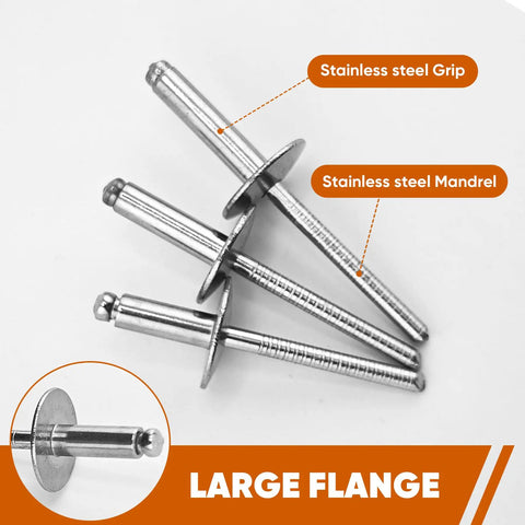 100 Piece Set 3/16X1/2 Inch Large Flange Blind Rivets Hardcore Stainless Steel Pop Fasteners showing stainless steel grip and mandrel.