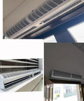 Heavy Duty Wall Mount Air Curtain With Dual Speed Remote Fast Hot And Cold Airflow Blocks Drafts Pests And Dust overhead view and side view.
