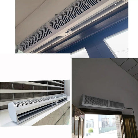 Heavy Duty Wall Mount Air Curtain With Dual Speed Remote Fast Hot And Cold Airflow Blocks Drafts Pests And Dust overhead view and side view.