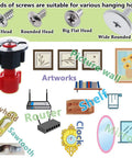 Diagram of Picture Hanging Marking And Leveling Kit For Frames And Murals showing tools, screws, and hanging examples like mirrors and clocks.