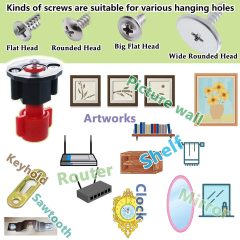 Diagram of Picture Hanging Marking And Leveling Kit For Frames And Murals showing tools, screws, and hanging examples like mirrors and clocks.