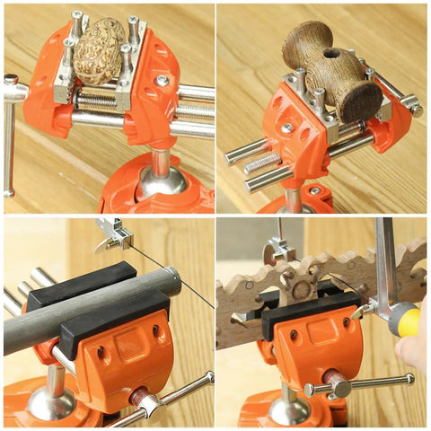 Beefy Heavy Duty Clamp Bench Vise With Swivel Base And Post Universal 360 Degree Woodworking Vise holding various objects