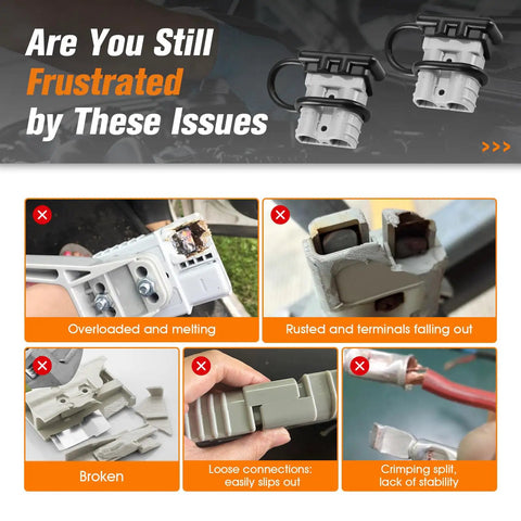Image showing issues with overloaded, rusted, broken, and loose battery connectors, highlighting the need for a 10 Pack 50 Amp Battery Quick Connect Disconnect Plug Kit For 6 To 8 Gauge Cables Heavy Duty Jumper Cable Connector Silver Plated Copper Terminals Ideal For Recovery Winch ATV RV Forklift Towing.
