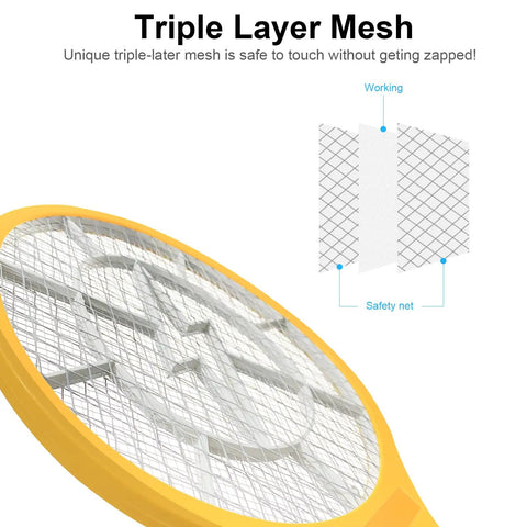 Electric Bug Zapper Fly Swatter 3000V USB Rechargeable Mosquito Racket with LED Light showing yellow frame and mesh layers