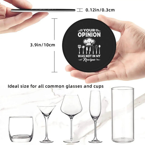Six Piece Leather Coaster Set With Holder For Drinks Bar Home Office Surface Protection Premium PU Microfiber Leather Drink Coasters With Tray Perfect Decoration And Family Table Guard, black round coaster in hand with size 3.9in displayed